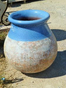 BIG TERRACOTA JAR WITH BLUE ENAMEL.