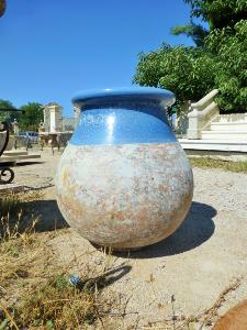 BIG TERRACOTA JAR WITH BLUE ENAMEL.